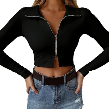 

Sexy Slim Black Metal Zipper Closure Crop Cardigan Autumn New Chic Lapel Long Sleeve Women Jacket