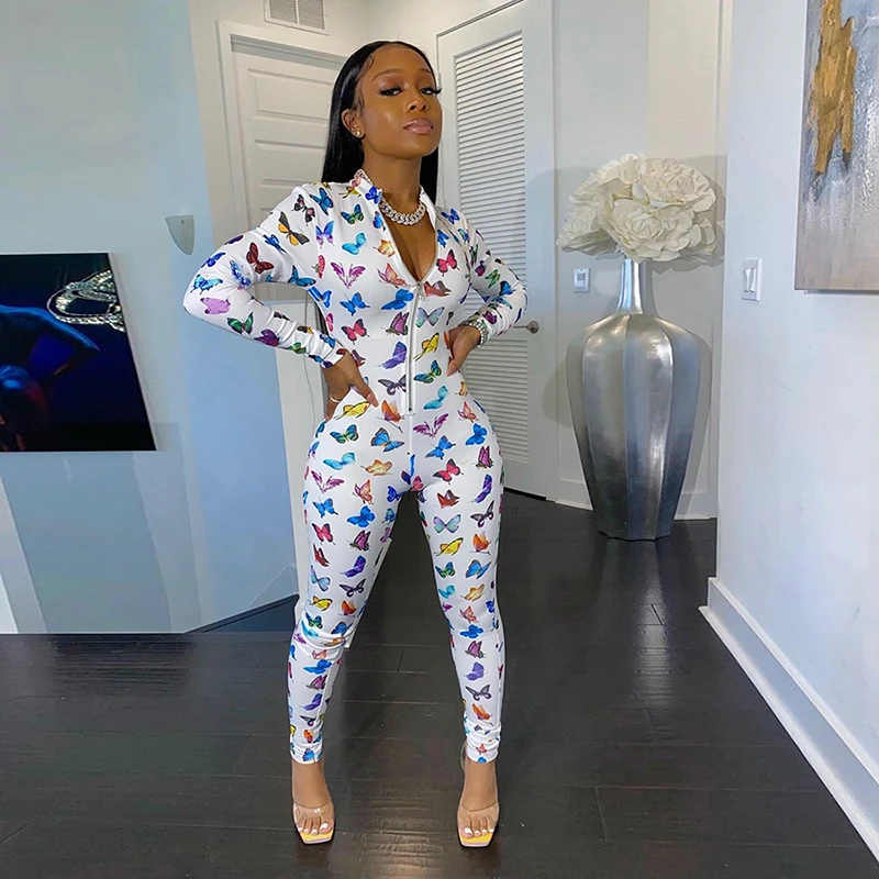 

Spring Autumn Women Butterfly Pattern zipper Turtleneck Jumpsuit Ladies Elastic Slim Long Sleeve Sports Fitness Jumpsuit