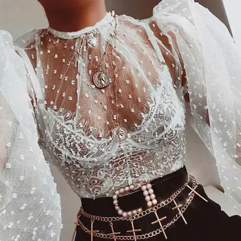 

Women Fashion Blouses New See Through Black White Transparent Mesh Long Sleeves Sheer Tops Wear Sexy O-neck Female Casual Shirt