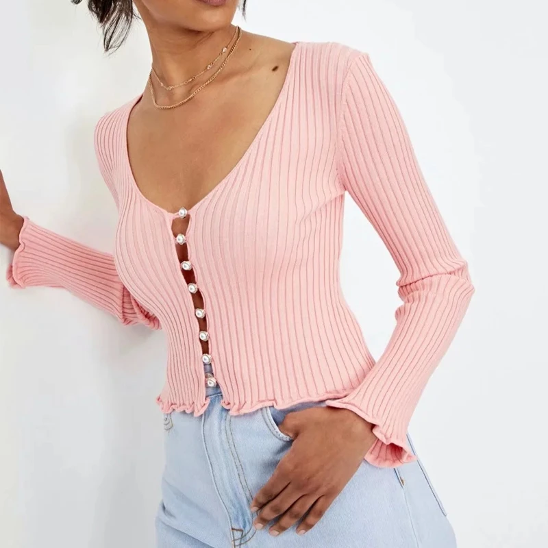 TOP corto con cuello de pico para mujer cárdigan de punto abotonada.. TOP corto con cuello de pico para mujer cárdigan de punto abotonada..