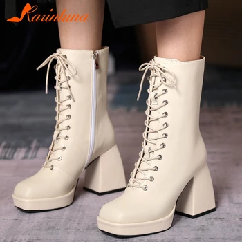 

Karinluna 2020 New Design Genuine Leather Thick Heels Mid-calf Boots Woman Shoes Zip Platform cross-tied Concise Fashion Boots