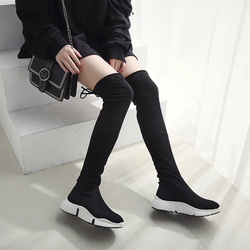 

LZJ NEW Women Boots Autumn Winter Ladies Fashion Flat Bottom Boots Shoes Over The Knee Thigh High Knitting Wool Long Brand Boots