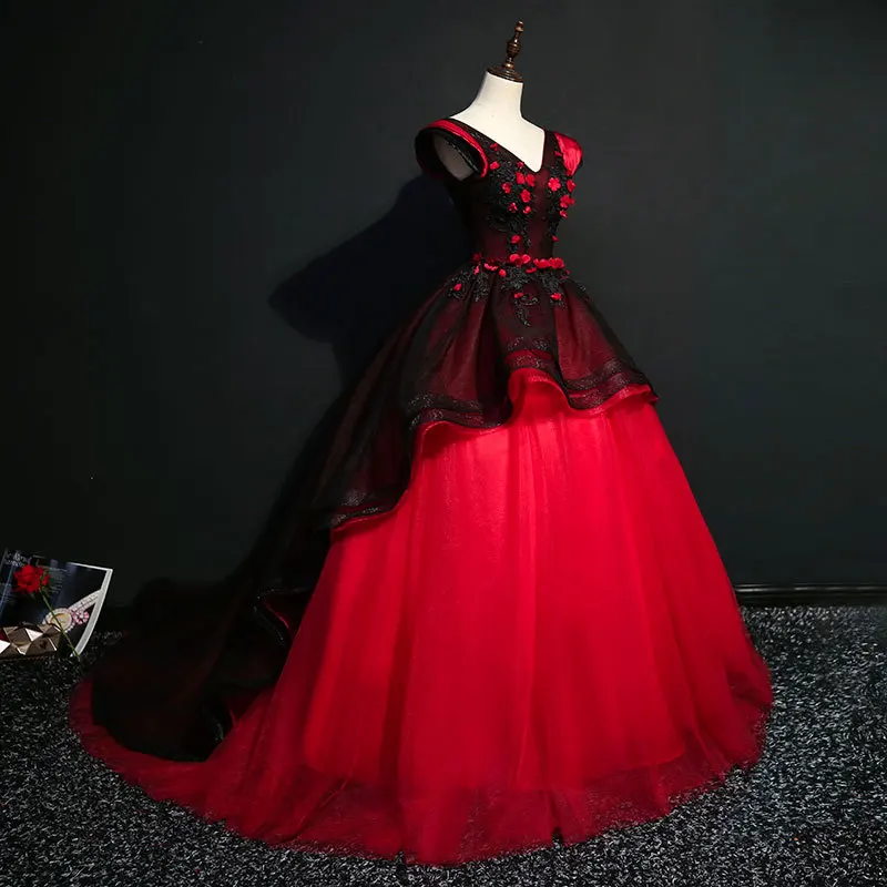 Вышивка красное платье Quinceanera Аппликация Vestido De Festa Тюль платья 15 лет и фуршетов великолепные V образным вырезом Vestidos De 15 Anos