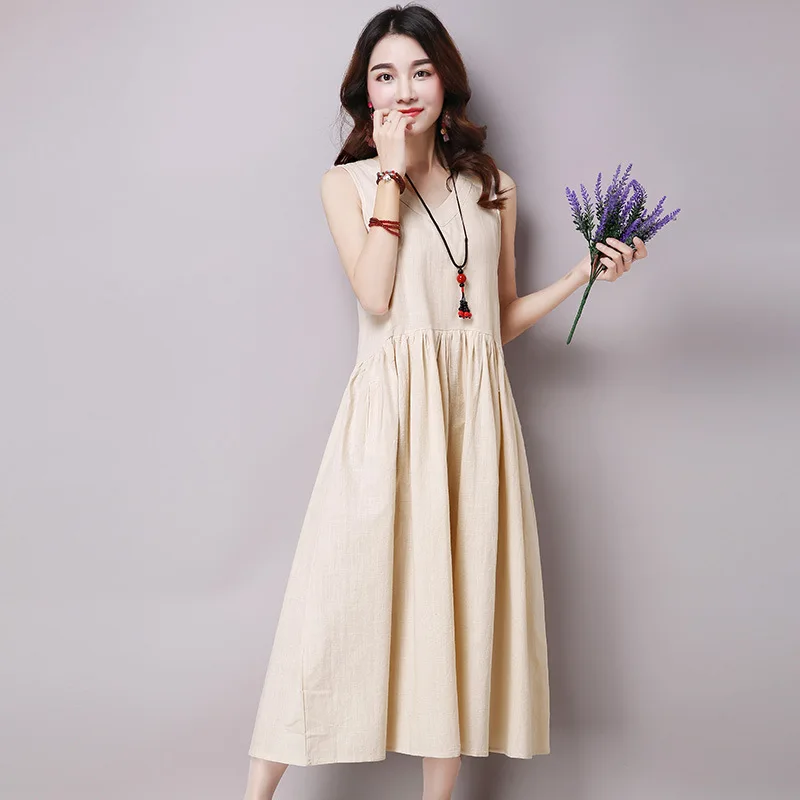 

2019 Summer New Style Retro Loose Cotton Linen Solid Color Mid-length V-neck Sleeveless Big Hemline Dress Women's