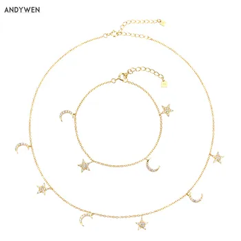 

ANDYWEN 925 Sterling Silver Star Moon Pendant Zircon Crystal CZ Choker Bracelet Chain Necklace Jewelry Set Women Fashion Jewels