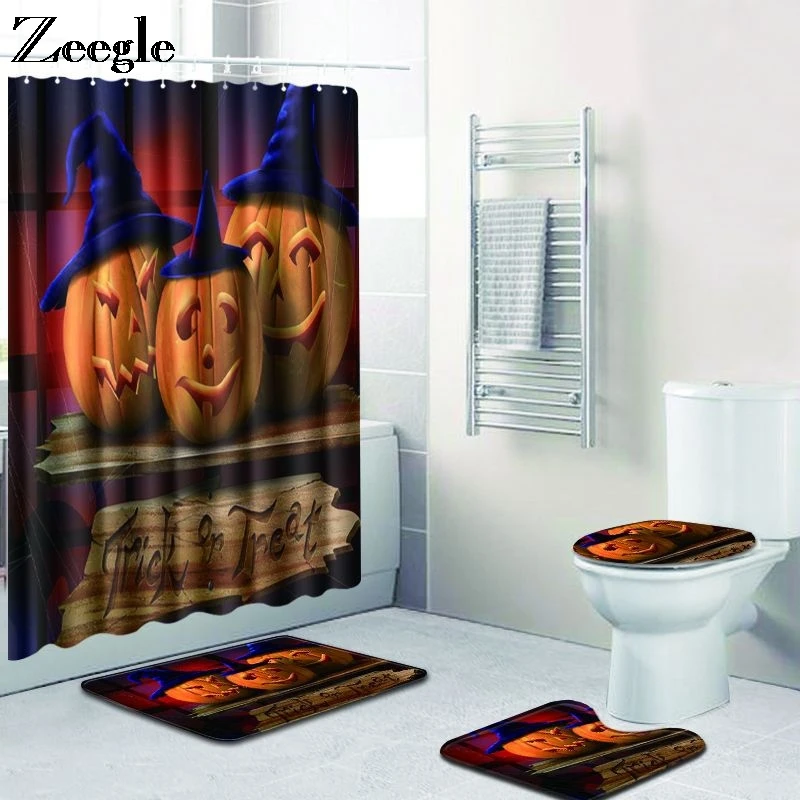 Zeegle Halloween Bath Mat Set with Shower Curtain Absorbent Toilet Pedestal Rug Foot Mat Anti Slip Bathroom Doormat Toilet Set