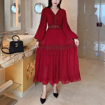 

HAMALIEL 2019 New Autumn Winter Long Dress Runway Designer Women Chiffon Patchwork Lace Maxi Dress Vintage Ruffles Swing Dresses