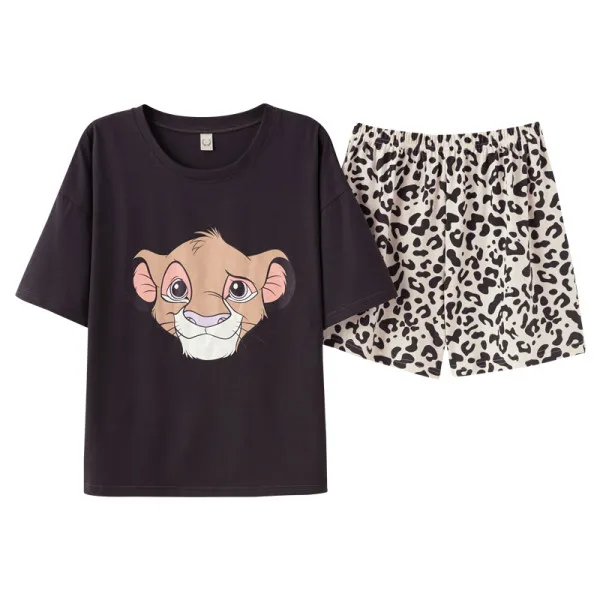3XL Loose Summer Cotton Pajamas Women's Short Sleeve Shorts Lion King Simba Leopard Print Cute Anime Home Suit Pajama Sets Women Y4598 White Shorts
