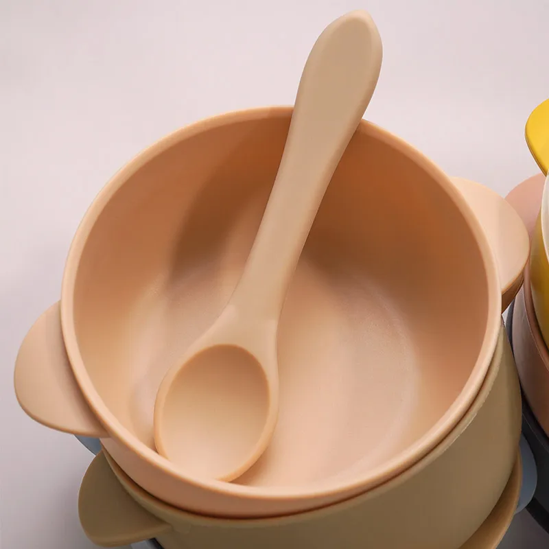 High Quality Silicone Baby Sucker Bowl With Lid BPA Free Waterproof Toddler Plate Set Portable Silicone Spoon For Kids 6