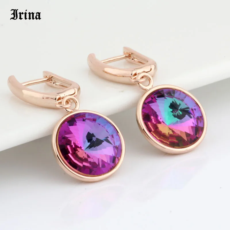 High Quality Classic 12 Color Round Crystal Drop Earrings 585 Rose Gold Color Colorful Korean Earrings for Women Wedding Jewelry