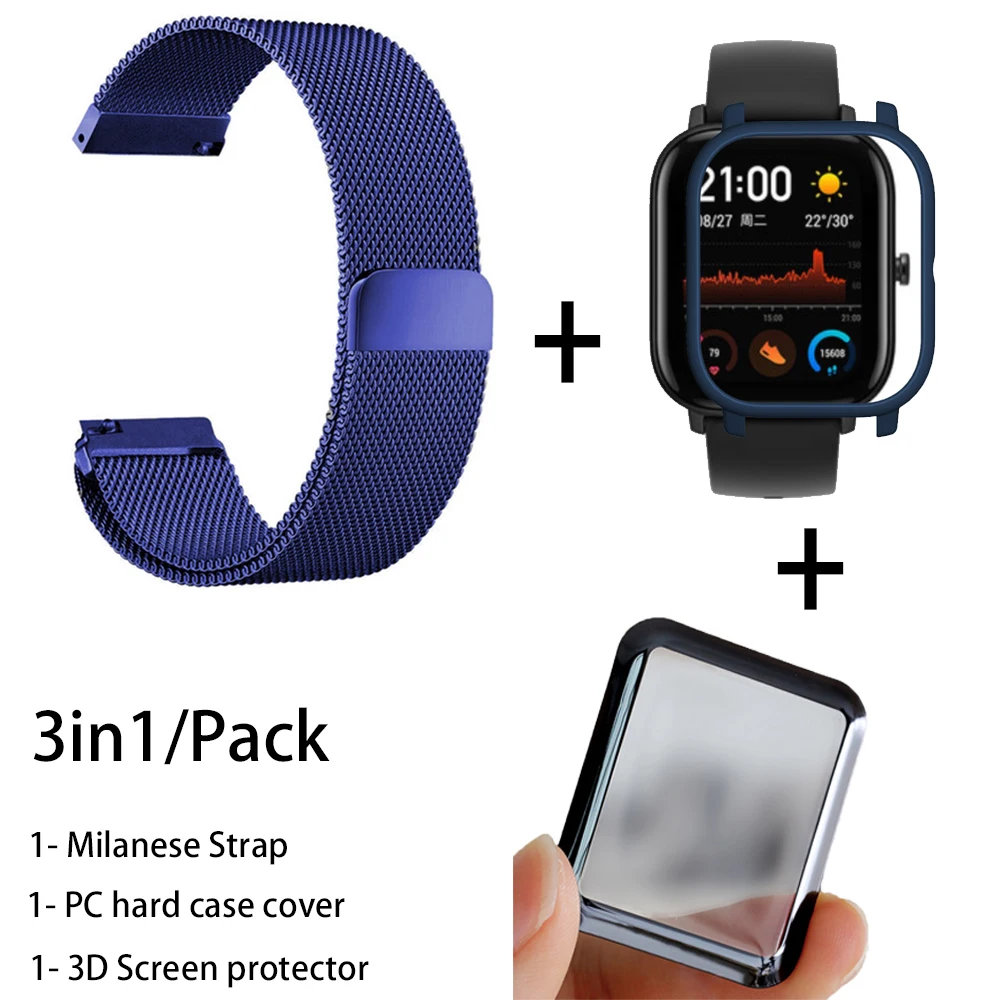 blue-blue 3в1 наручный ремешок для Amazfit GTS PC чехол металлический Миланский Браслет для Huami Amazfit gts ремешок для 3D экрана Защитная пленка - Цвет: blue-blue