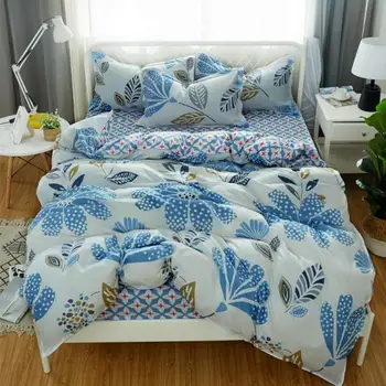 

Blue Flowers King Duvet Cover Set Gift for Child with Pillowcase Bedding Set Cover Cat Plaid Stripe High Quality of Bedclothes