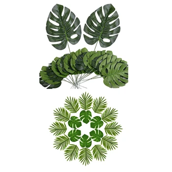 

24 Counts Fake Faux Artificial Tropical Palm Leaves & 24 Pcs Tropical Palm Leaves Luau Artificial Simulation Tropical
