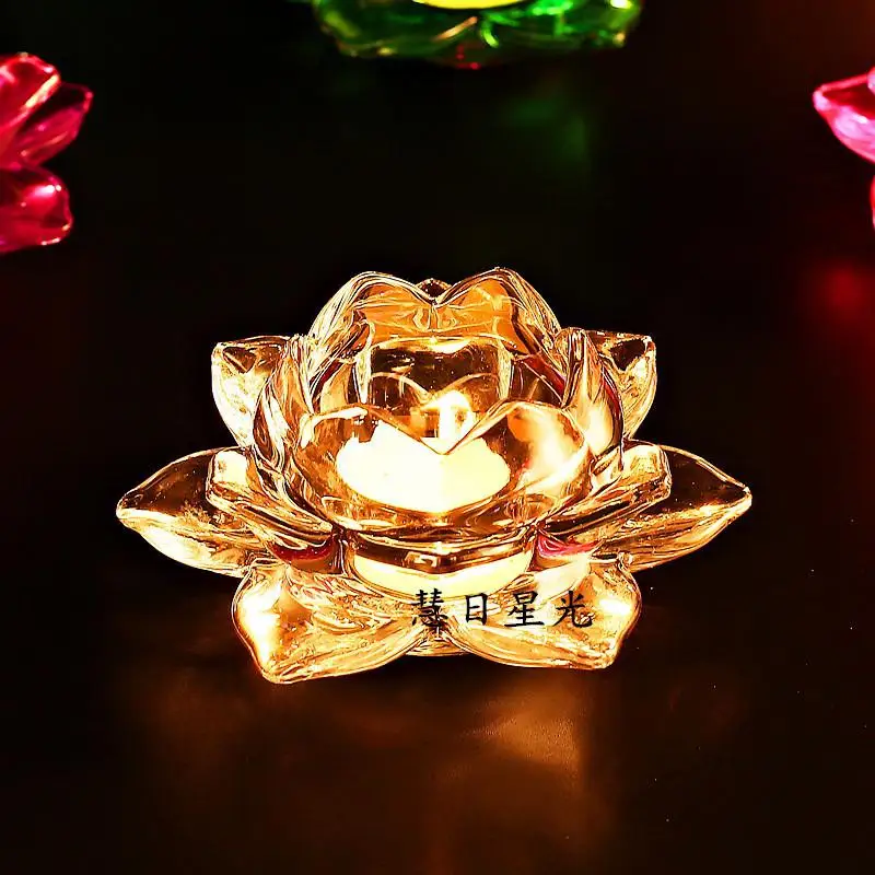 

Candlestick Butter Lamp Buddhist Temple Supplies Large Lotus Colorful Crystal Glass Buddha Light Candlestick Decor Night Light