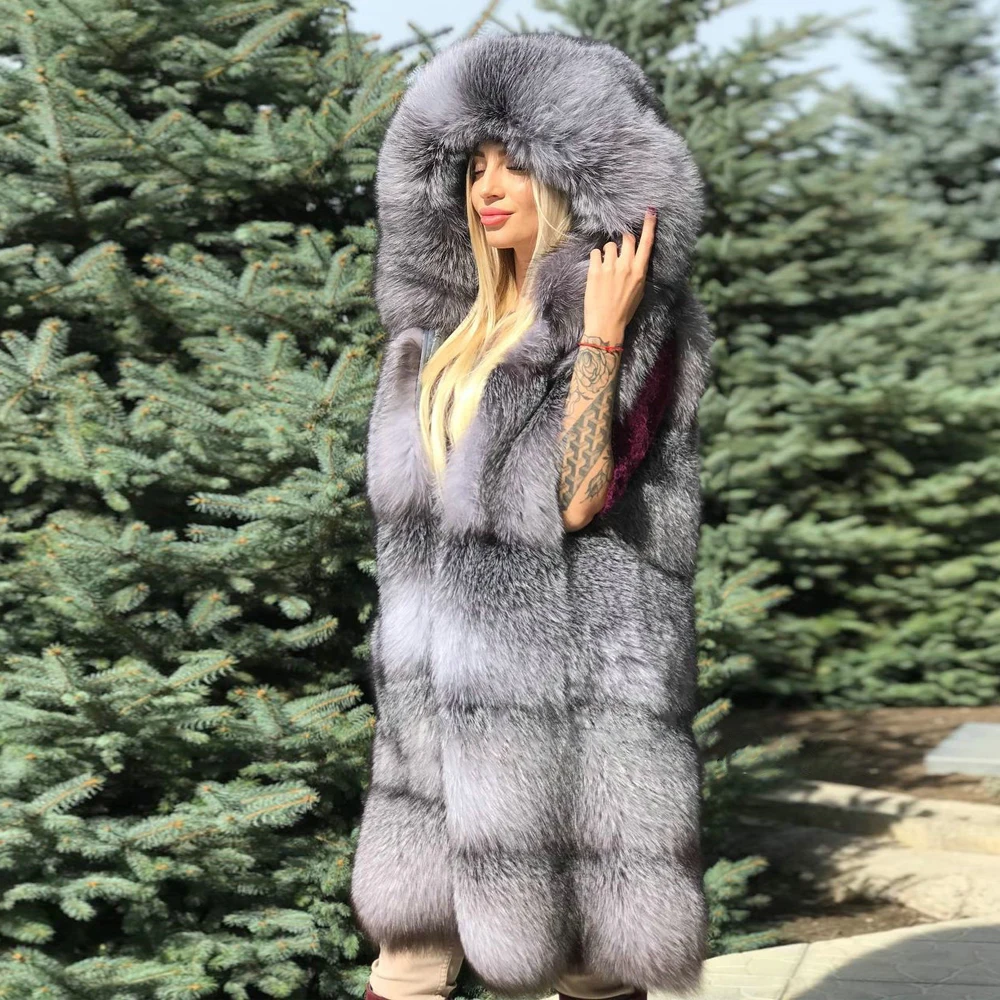 Long Real Silver Fox Fur Vest with Hood Natural Women High Quality Genuine Silver Fox Fur Coat Sleeveless Fur Overcoats Luxury