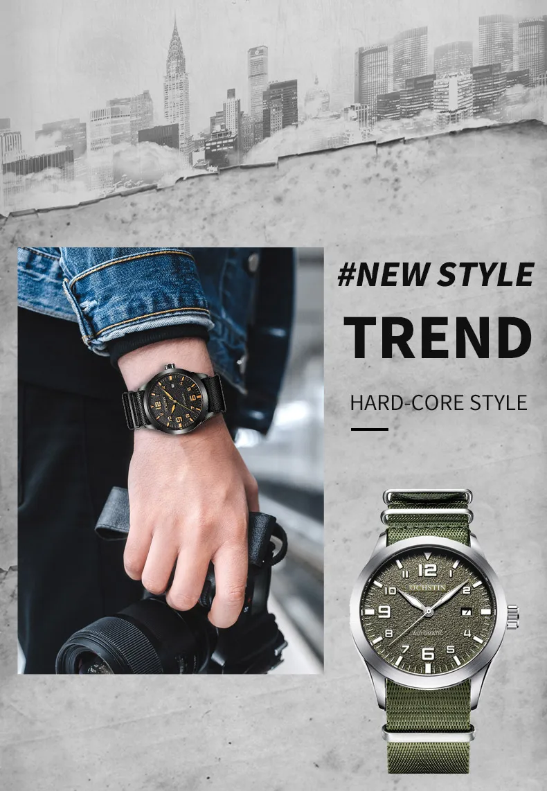 OCHSTIN Automatic Mechanical Wrist Watch for Men Nylon Strap Watch Waterproof Military Outdoor Pilot Watches Mens 2023 Gift