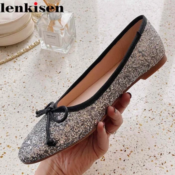 

Lenkisen 2020 high quality gladiator round toe bowtie bling shiny low square heels lace on daily wear convenient cozy pumps L76