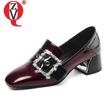 

ZVQ spring new fashion women pumps outside mid heels square toe genuine leather buckle mixed colors women shoes drop shipping