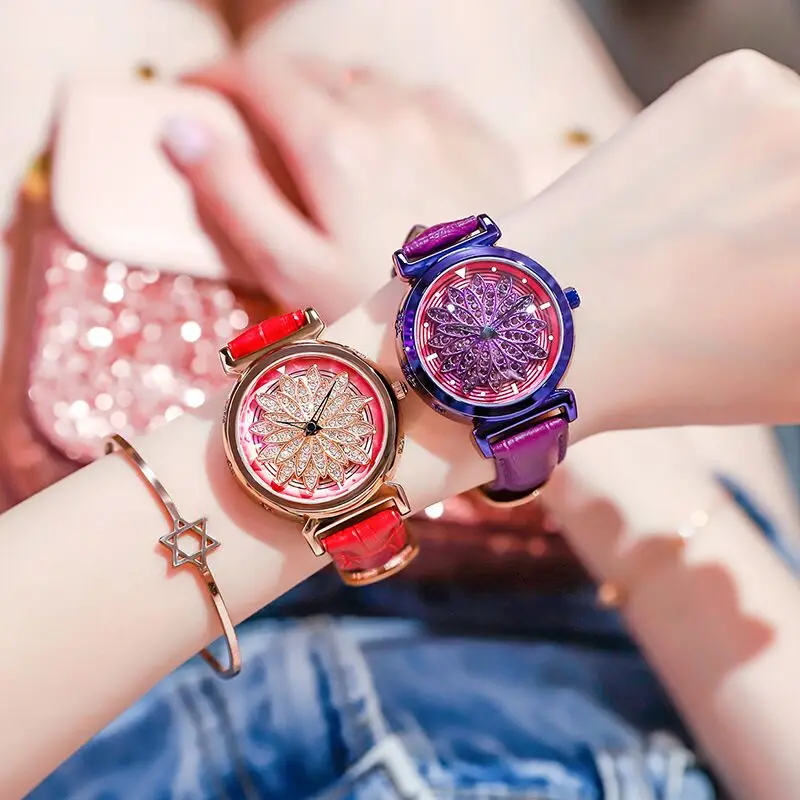 Creative Rotation Flower Women Watches Luxury Diamand Rose Gold Clock Leather Ladies Quartz Watch