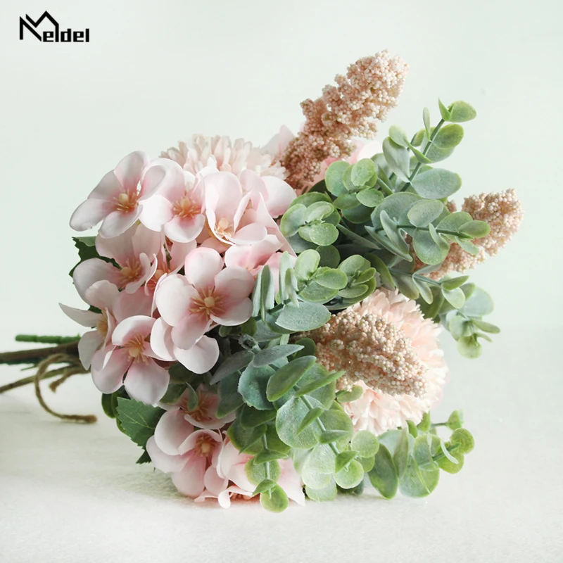 pink Букет из искусственного шелка Meldel, букет невесты, свадебный букет, розовый помпон, листья эвкалипта, листья бегонии, ручной работы, свадебный букет s - Цвет: pink