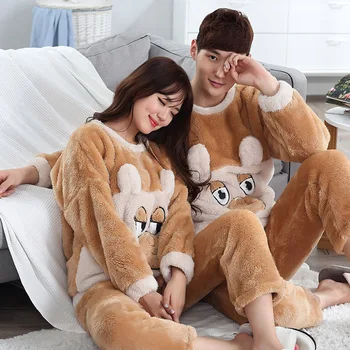 

2020 Lovers Pajamas Set Women Men Plush Warm Autumn Winter Thick Pyjamas Flannel Home Spring Cartoon Student Sleepwear