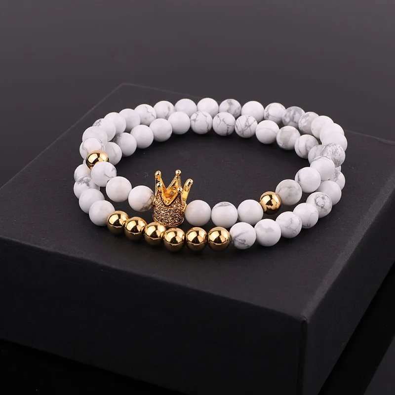 Dropshipping New Design Natural Stone CZ Pave Crown Charm Elastic Bracelet Set Men Women Jewelry Gift