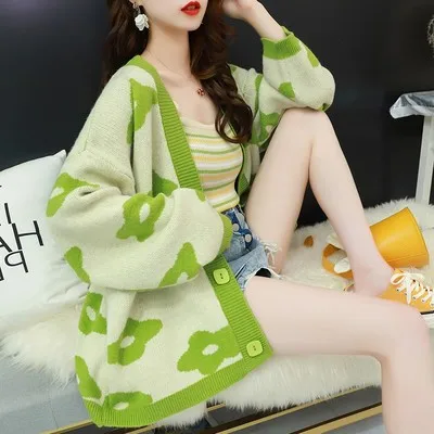 HF1941 Green H. SA женские кардиганы осень зима новые повседневные Цветочные вязаные свитера кардиганы открытая стежка Свободная куртка вязаные длинные пальто - Цвет: HF1941 Green
