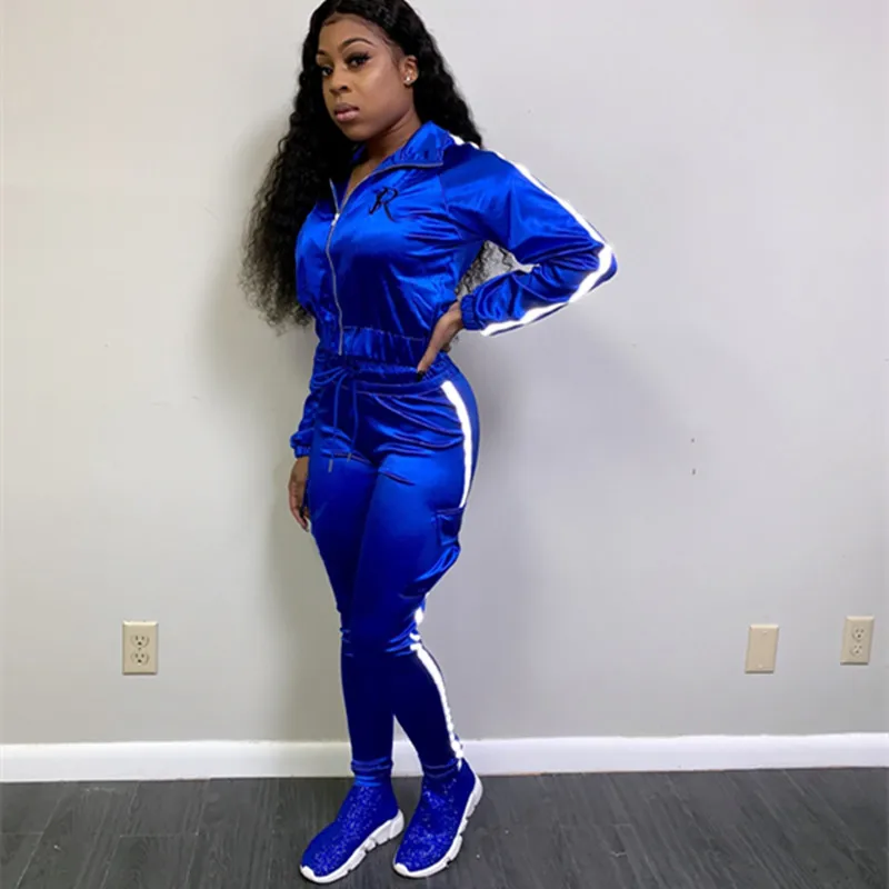 

Autumn Casual Satin Tracksuits Women 2 Piece Set Top and Pants Suit Reflective Side Striped Patchwork Zipper Sweat Suit Outfits