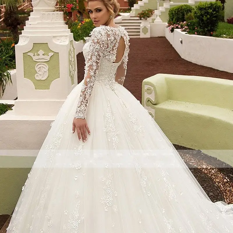 Charming Appliques Long Sleeves A-Line Wedding Dress 2019 Fashion Scoop Neck Lace Up Princess Bridal Gown Vestido de Noiva (4)