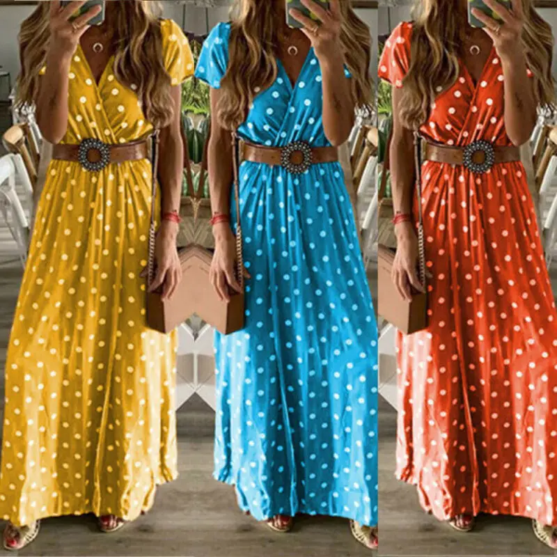 Женское летнее платье с v-образным вырезом, Boho, с коротким рукавом, макси-платье в горошек, вечерние платья, пляжный сарафан, женский