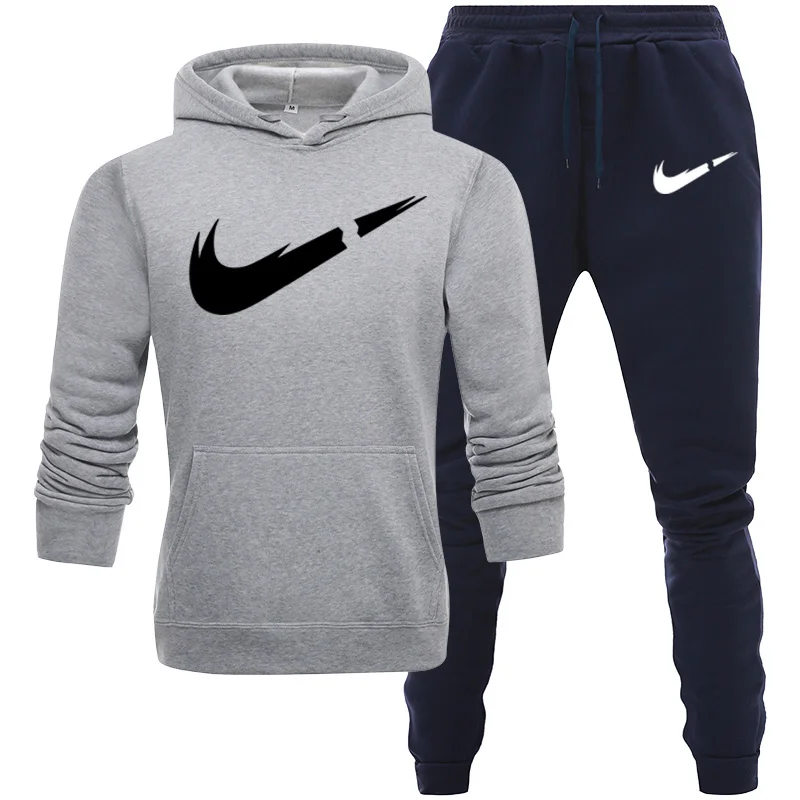 gray navy blue Осенне-зимний женский комплект с капюшоном и брюками, спортивный костюм с принтом, пуловер, толстовка с брюками, спортивная одежда, костюм с карманами, костюмы - Цвет: gray navy blue