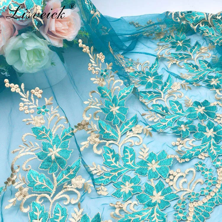 1 ярд 135 см синяя винтажная сетка золотая нить вышитый цветок ткань Африканская французская кружевная ткань Сделай Сам свадебное платье швейный материал