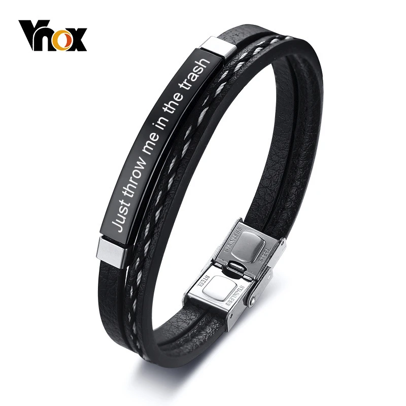 Black Vnox, просто бросайте меня в мусорное ведро, браслеты для мужчин и женщин, персонализированный браслет из нержавеющей стали, многослойный браслет из натуральной кожи, модный - Окраска металла: Black