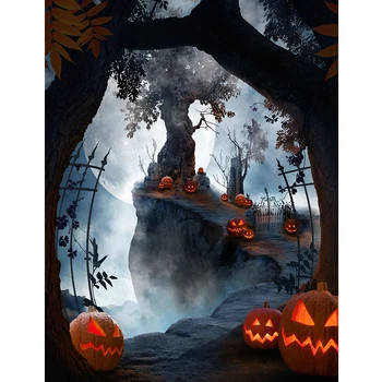 

Halloween Backdrop Old Tree Forest moon Pumpkin cemetery Cartoon Photography Background For Photo Studio props