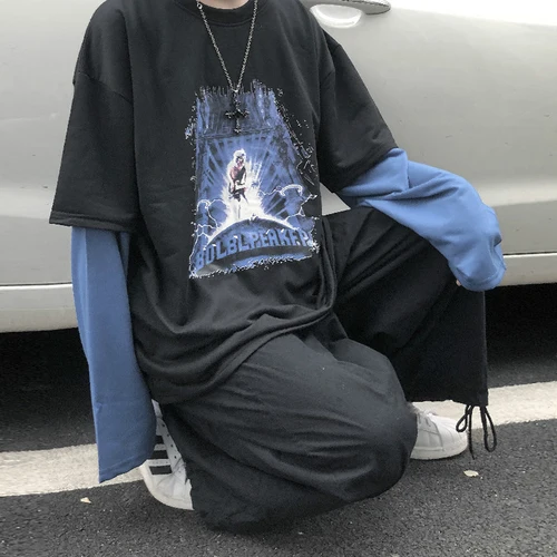 gray Woherb Harajuku, женская и мужская футболка с принтом, Лоскутная, имитация, 2 предмета, футболка, модная уличная одежда, панк, хип-хоп, футболки, Camisas Mujer - Цвет: gray
