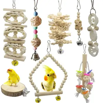

8PCS Bird Parrot Toys Wooden Swing Chewing Hanging Bell Bird Cage for Parakeets Cockatiels Conures Finches