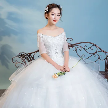 

Elegant Ball Gown Wedding Dress with Half Sleeves Sexy V Neck Lace Applique Beaded Tulle Vestido De Noiva Bridal Gowns