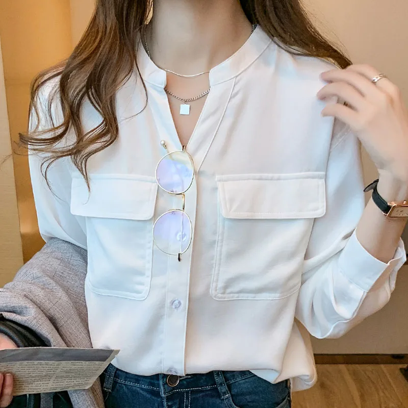 Белая блузка с длинным рукавом Для женщин рубашки v-образным вырезом Шифоновая