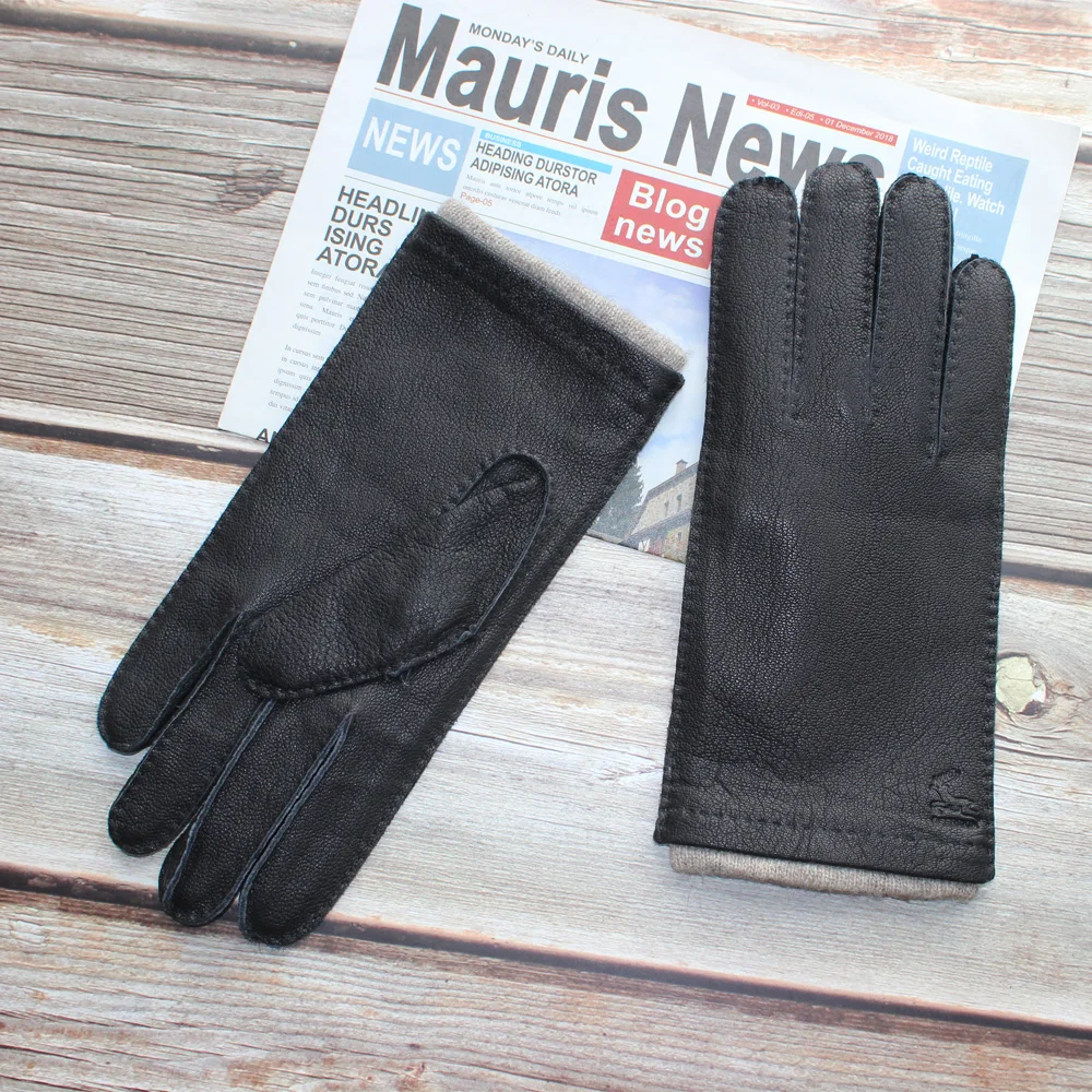

Bickmods Men's Fashion New deerskin hand-stitched straight style Black And Dark Brown Color Wool Lining Genuine Leather Gloves