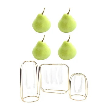 

4Pcs Artificial Green Pear Decorative Fruit-4X3 Inch & 3Pcs Metal Vase Frame Geometry Flowerpot Central Decorative Vase Suitable