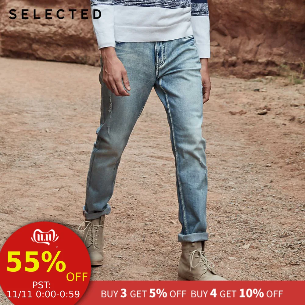 SELECTED Men's Cotton-blend Lycra Slight Stretch Fading Jeans C|419132504