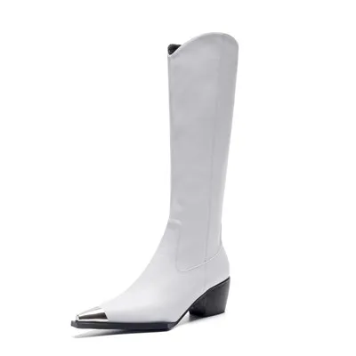 white MStacchi/женские сапоги до колена; шикарный металлический острый носок; Botas Mujer; однотонные сапоги на высоком толстом каблуке; женские зимние сапоги - Цвет: white