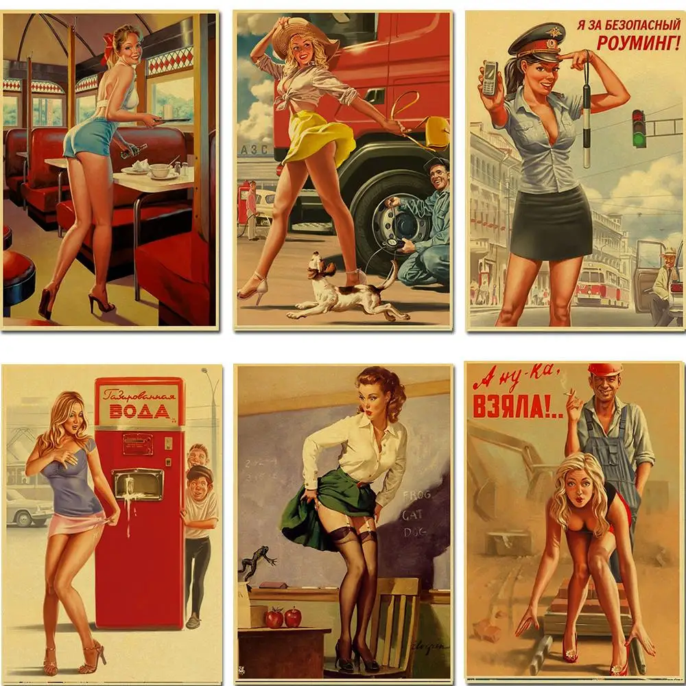 World War II Red PIN-UP SEX GIRLS USSR Soviet Vintage Kraft Paper Retro Poster Bar Cafe Living Room Wall Decorative Paintings