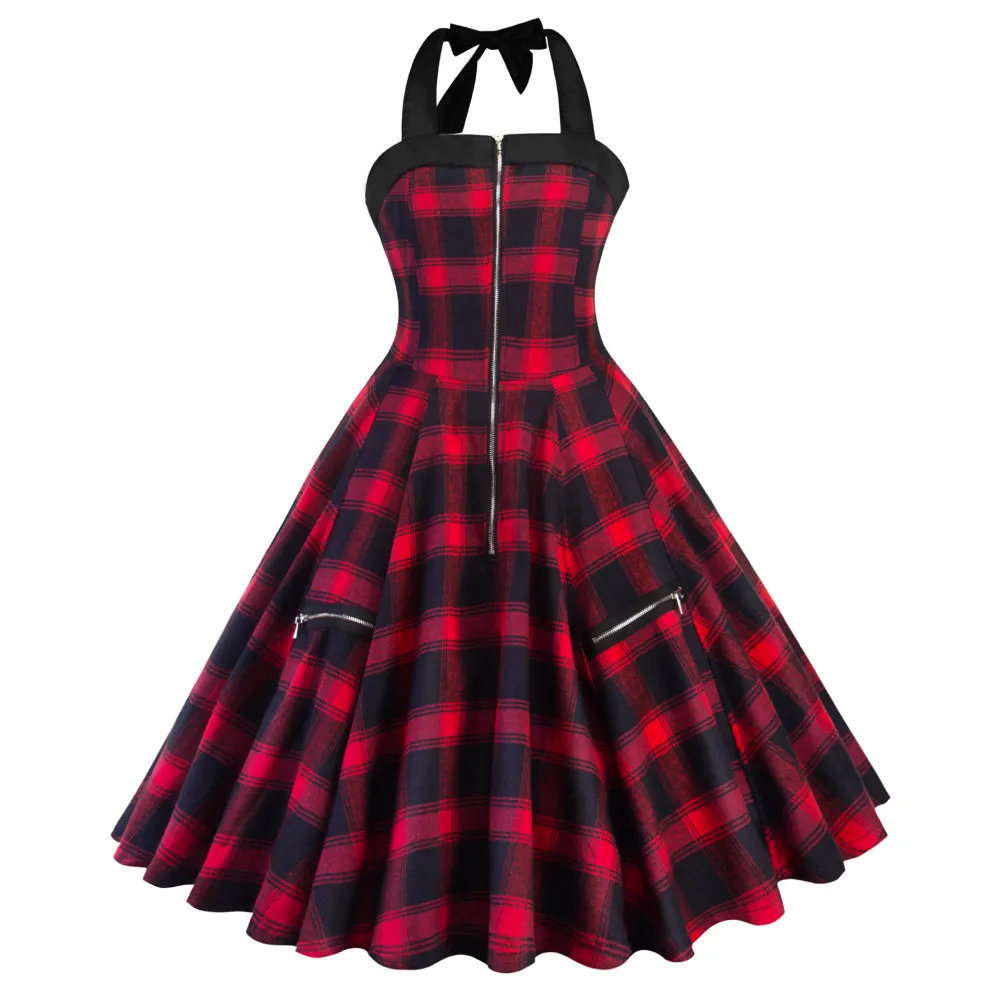 

Red Plaid Women Vintage Dress Summer Halter Sleeveless Zipper Fly Patchwork Dress High Waist A-Line Swing Party Dresses