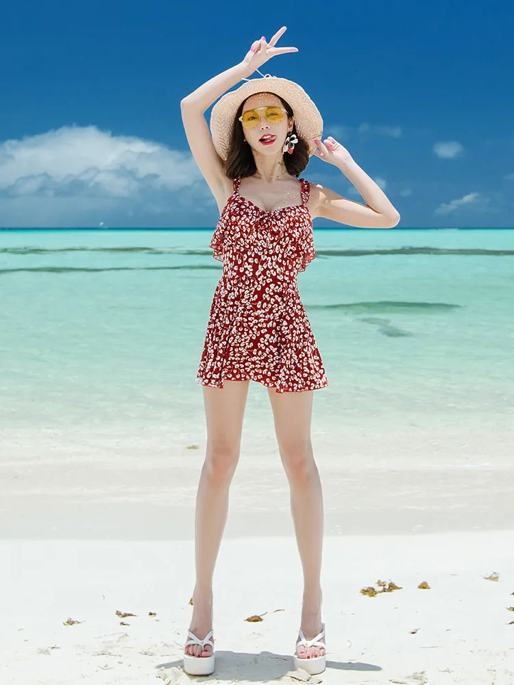 

Push up Swimwear INS-Style Men's Onesie Slimming Belly Covering Small Bust Couples Beach Skirt-Boxer Korean Swimsuit Women's
