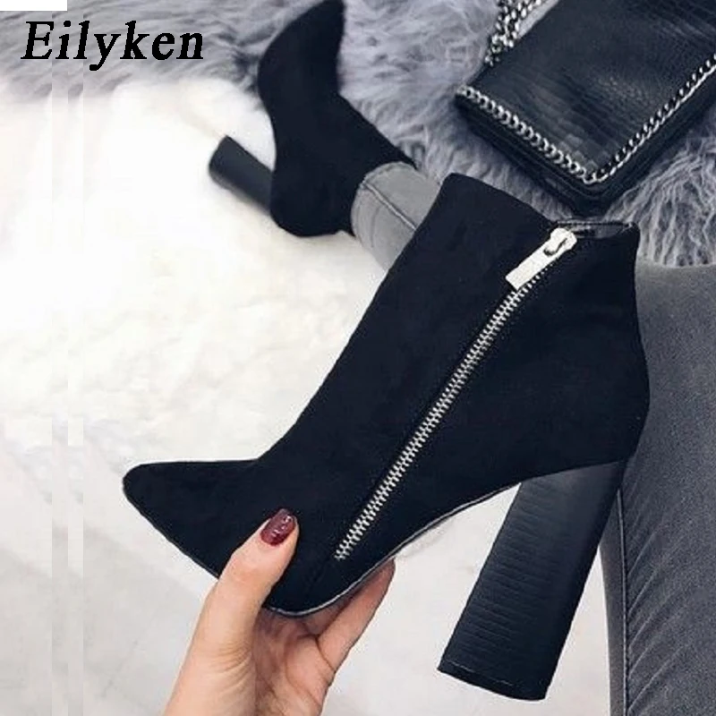 Eilyken/модные женские ботильоны; женские ботинки на высоком каблуке с острым носком на молнии; черные вечерние женские ботинки; Новинка года; сезон зима