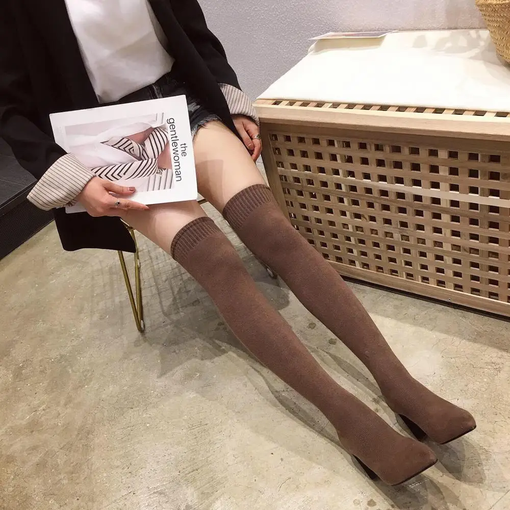 Women High Heel Boots Women Sock Boots Over The Knee Pointed Toe Elastic Fabric Boots Woman Slip On Thick High Heels Stretch Woman Black Brown