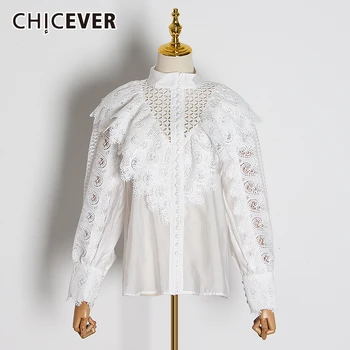 

CHICEVER Hollow Out Ruffles Women's Blouses Turtleneck Flare Long Sleeve Patchwork Lace Shirts For Female Fashion 2020 New Tide