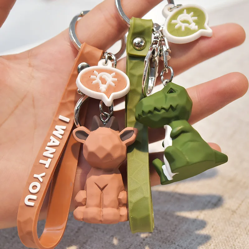 

Creative Cartoon Little Dinosaur Animal Keychain Geometric PU Panda Keyring For Women Girl Phone bag Charm Pendant Gift