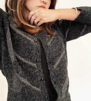

Women Sweater 2019 Autumn / Winter Mohair Wool Striped Round Neck Sweater Cardigan